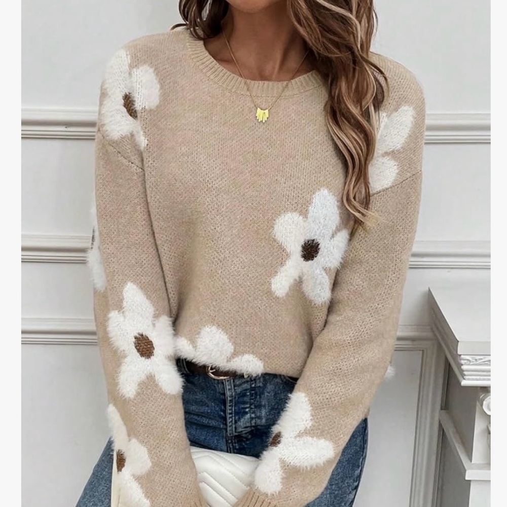 Beige Floral Crewneck Sweater khaki small Amazon small